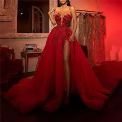Red A-line Satin Sleeveless Evening Dresses Sweetheart Beading Appliques High Side Slit Prom Gown Custom Made Vestidos De Fiesta