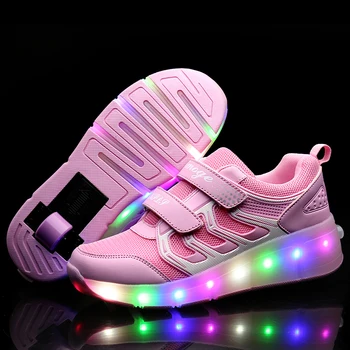

Pink Gold Children Glowing Sneakers Kids Roller Skate Shoes Children Led Light up Shoes Girls Boys Sneakers with Wheels 2020