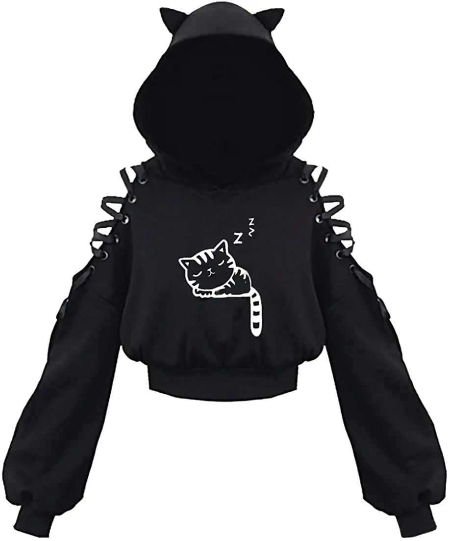 Womens Fashion Printing Sweatshirt Casual Bandage Long Sleeve Exposed Navel Hooded T-Shirt Black Black White Cat Eyes Little Cat