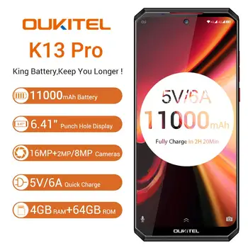 OUKITEL K13 Pro Android 9.0 Mobile Phone 6.41" 19.5:9 Screen MT6762 4G RAM 64G ROM 5V/6A 11000mAh OTA NFC Fingerprint Smartphone