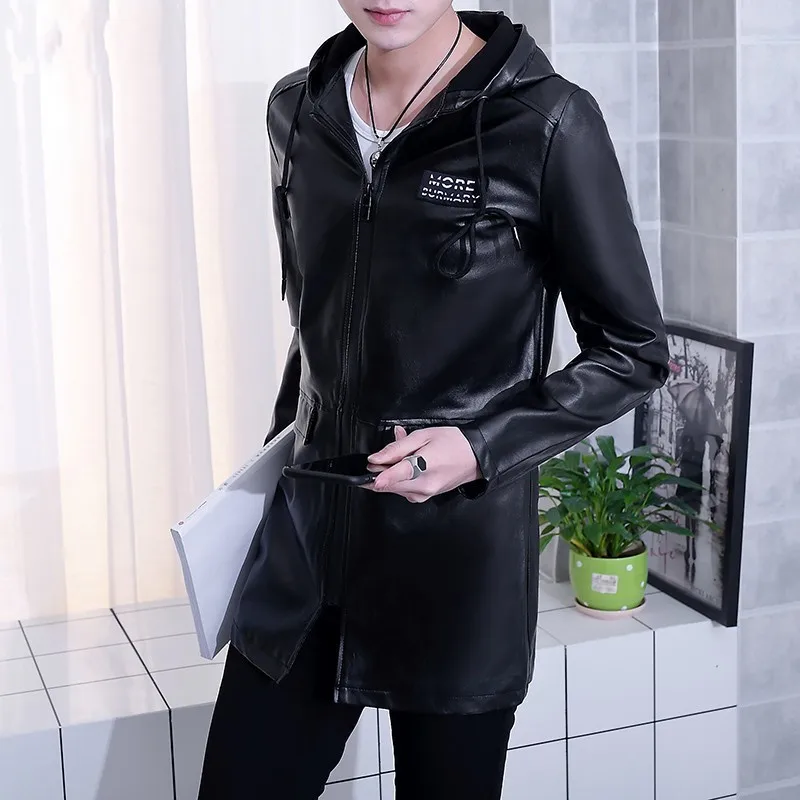 Men Medium Long Leather Hooded Coat Fashion Black Pu Windbreaker Autumn Winter Slim Zipper Biker Jacket Trench Male | Мужская одежда