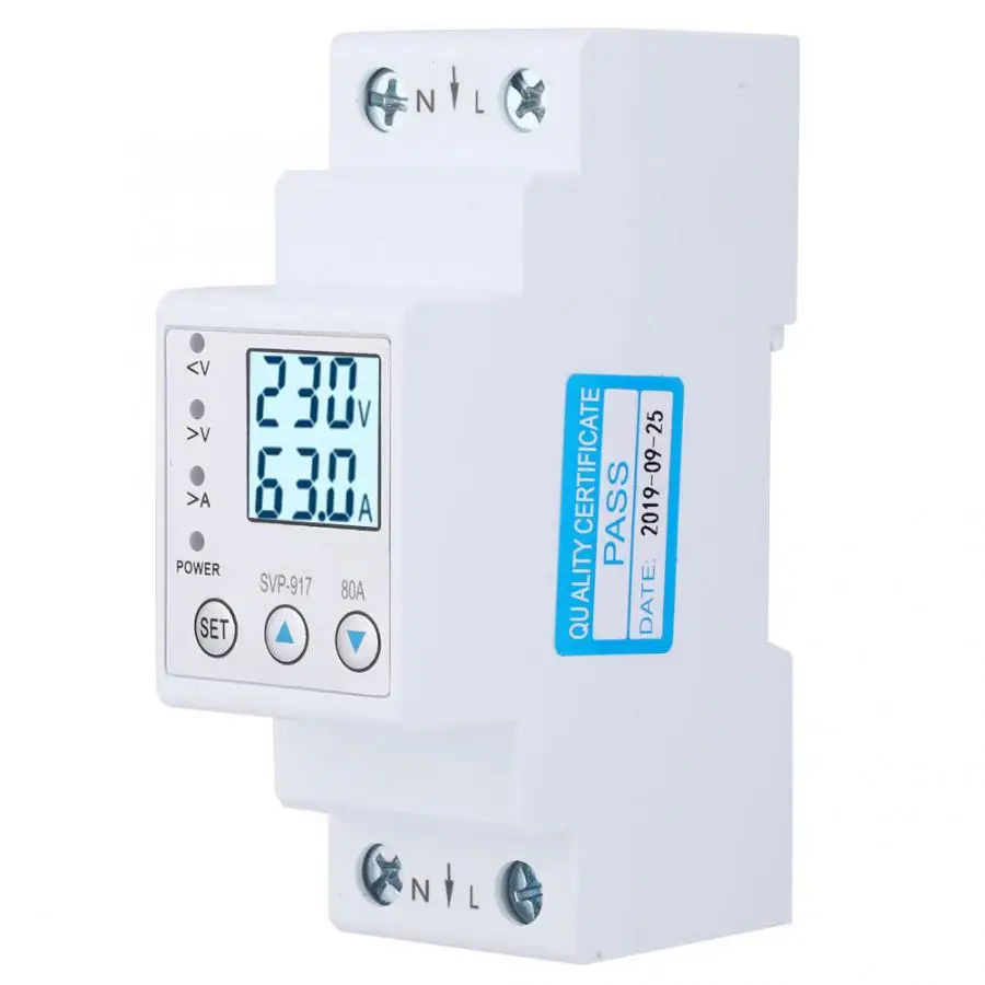 

Din rail Voltage Protector Single Phase Auto-Recovery Protective Device with Voltage Current Power Display 85~300V 63A 80A