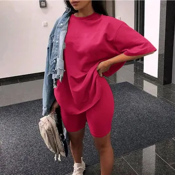 

TITAME Women Sports Two Piece Set Fashion Sports Women Suits Casual Loose T-shirt & Shorts Sets With Belt Sportswear Women Set