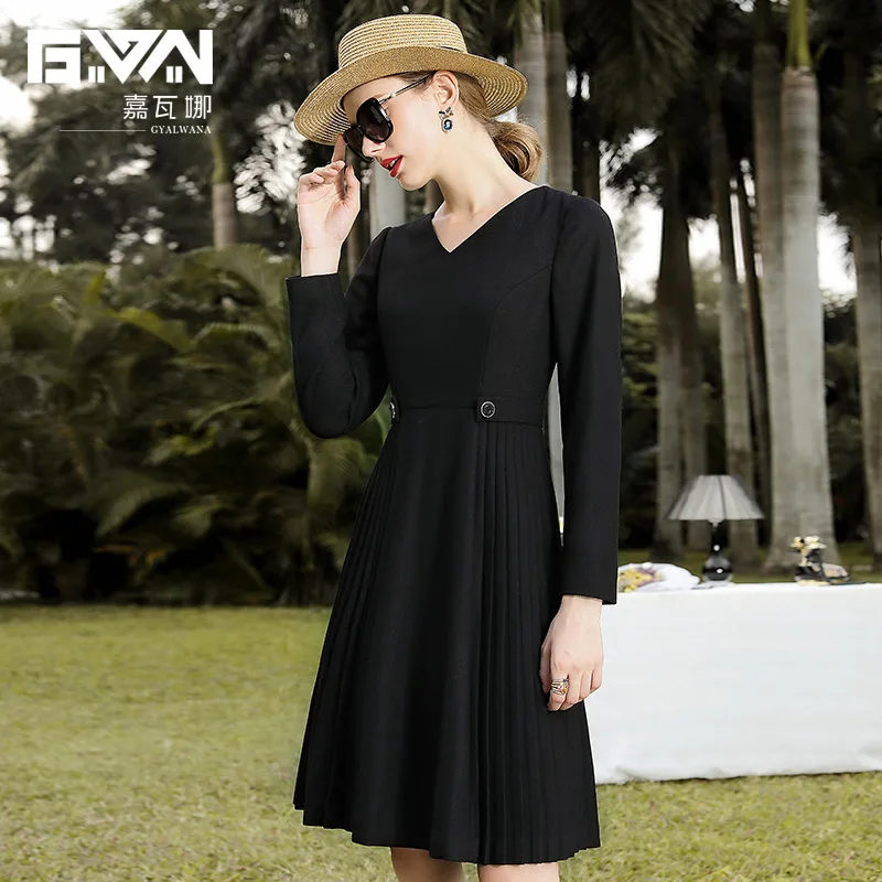 

GYALWANA Brand Women Black Dress Winter Thick Woolen Office Lady Pleated Luxury Dresses