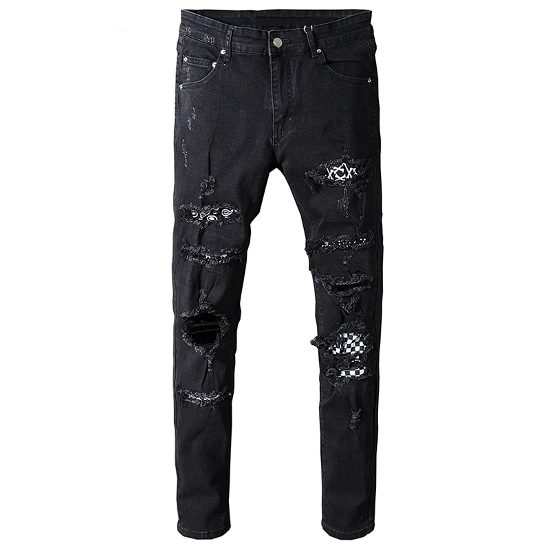 Seveyfan Марка NEW FASHION Hi Street Для мужчин черный Рваные джинсы скинни в стиле пэчворк рваные байкерские джинсы брэнда джинсы для мужчин R2570