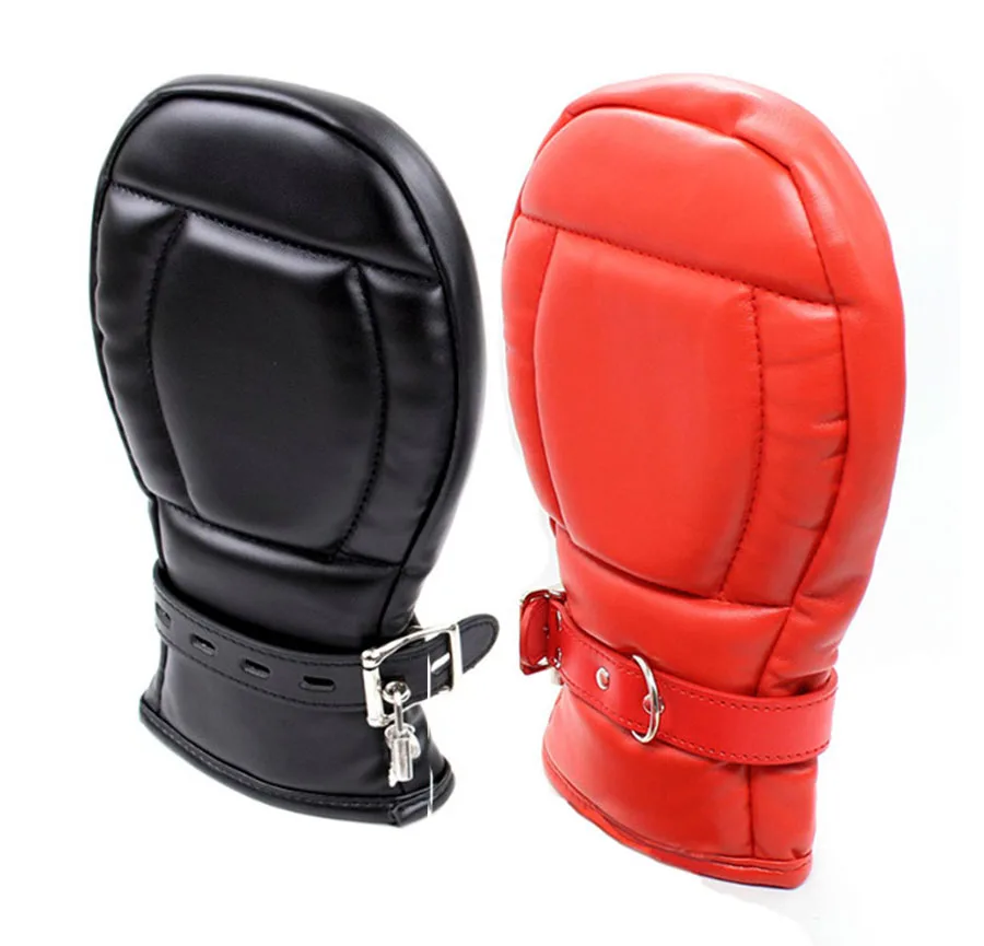BDSM-Bondage-Restraints-PU-Leather-Soft-Padded-Fist-Mitts-Gloves-Puppy-Mitts-Hand-Cuffs-Mitten-With