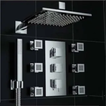 

Bathroom Luxury 10" Thermostatic Chrome Shower Faucet Set Mixer Tap 6 Message Jets W/Hand Shower