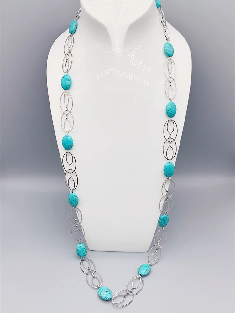 FoLisaUnique Stylish Long Silver Link Chains Oval Turquoise Necklace For Women Trendy Jewelry