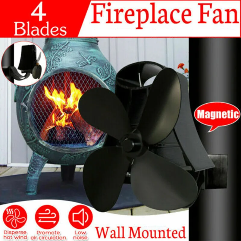 

4 Blades Fireplace Fan Wall Mounted Display Home Stove Log Wood Burner Powered Heat Distribution Fireplace Accessories