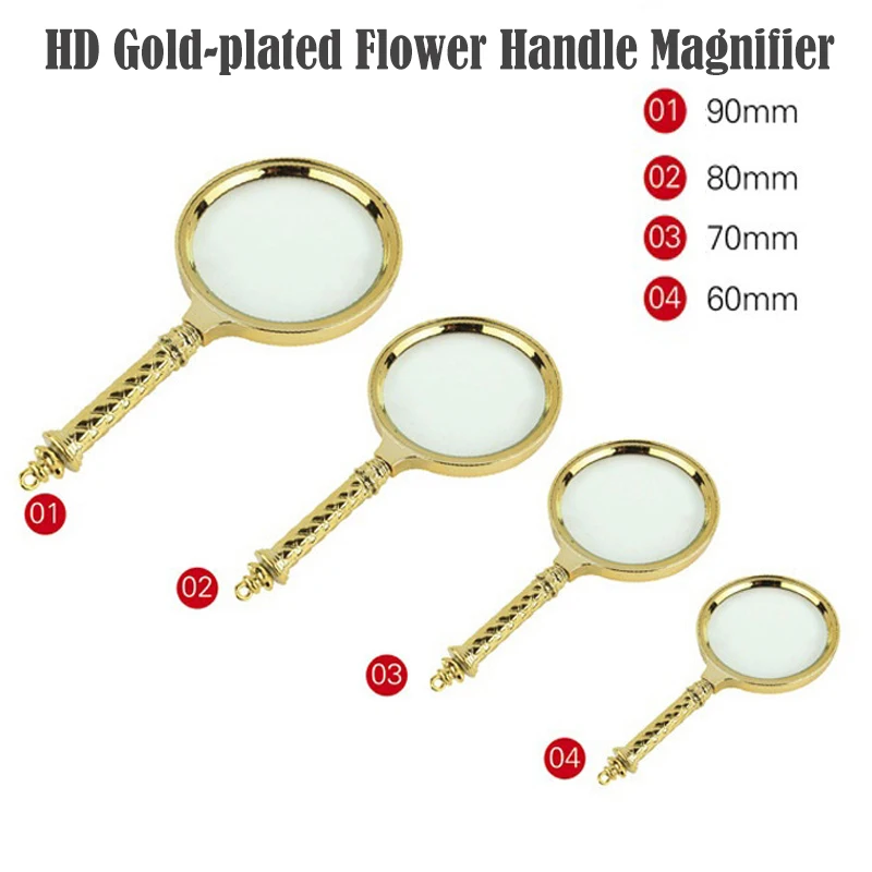 

60/70/80/90mm HD Gold-plated Vintage Flower Handle Magnifier Glasses Handheld Magnifier Reading Eye Glass Reading Jewelry