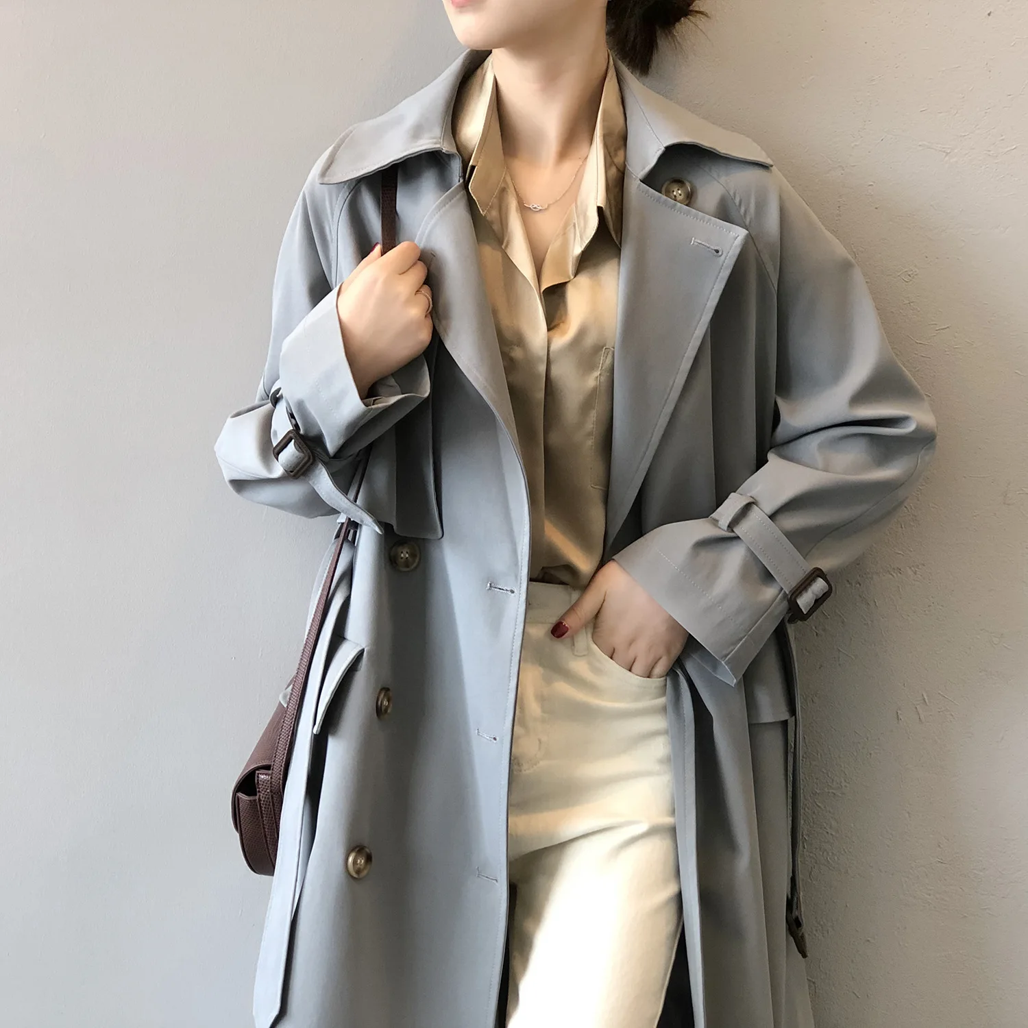 Mooirue Women Trench Coat With Belt 2020 Autumn Korean Style Double-breasted Trench Coat Women's Elegant Slim Knee-length Coat