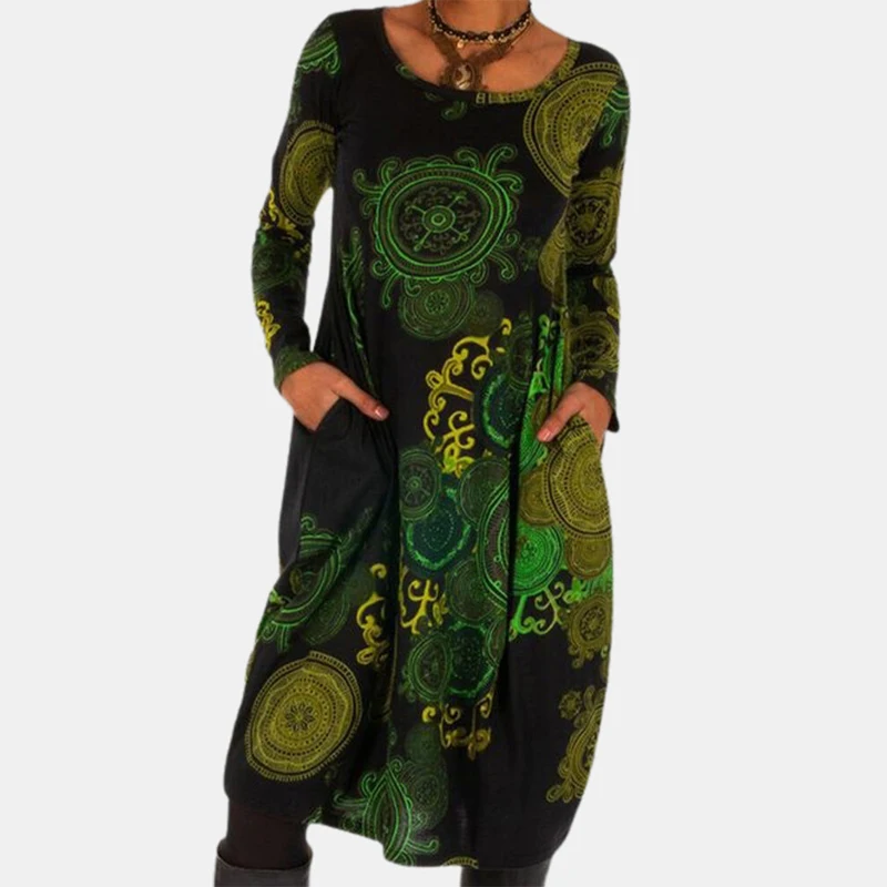 

Dresses Women 2021 Long Sleeve Printed Dress For Female Vintage O-Neck Casual Loose Clothing For Women Summer Clothes