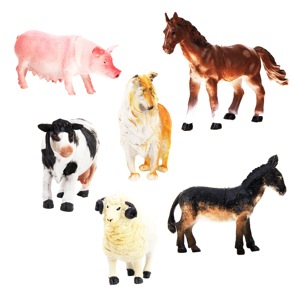 Kids Toys 6 pcs Farm Animal Model Set, Pig Dog Cow Sheep Horse Donkey