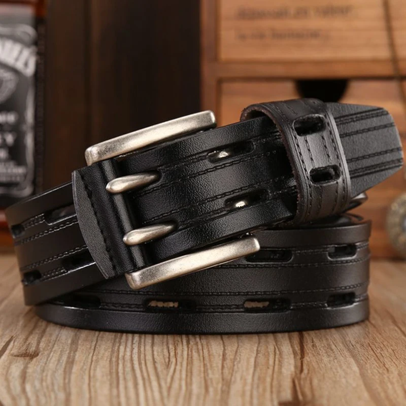

High Quality Genuine Leather Belts for Men Brand Strap Male Double Pin Buckle Fancy Vintage Jeans Cowboy Cintos