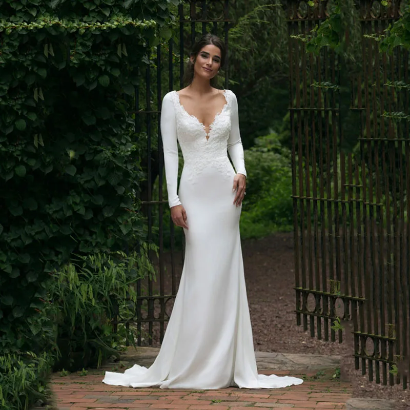 Long Sleeves Mermaid Wedding Dresses V-Neck Bridal Gowns Custom Made White Ivory 