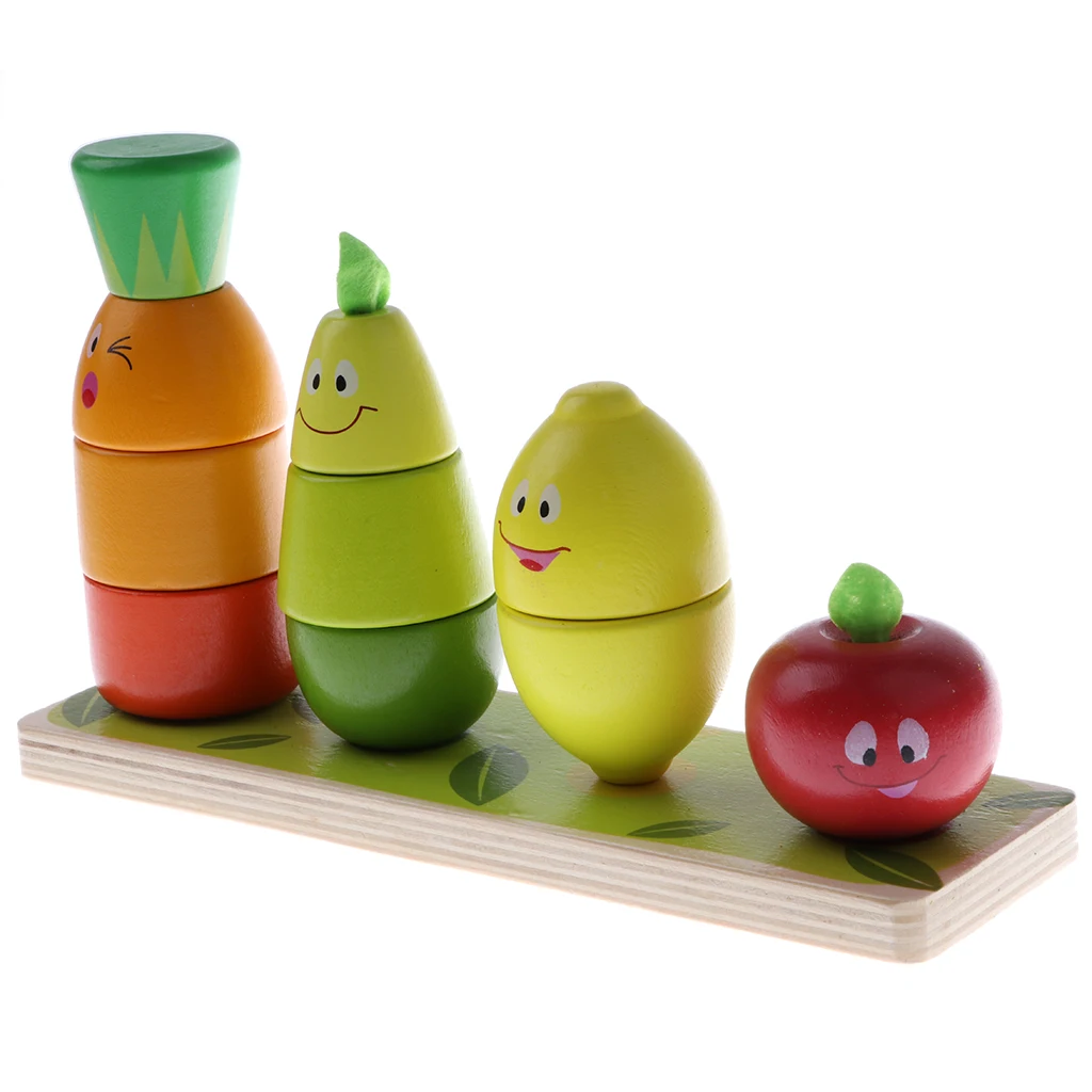 Cute Smiling Face Wooden Fruits Doll Stacking Game Building Blocks  Toy