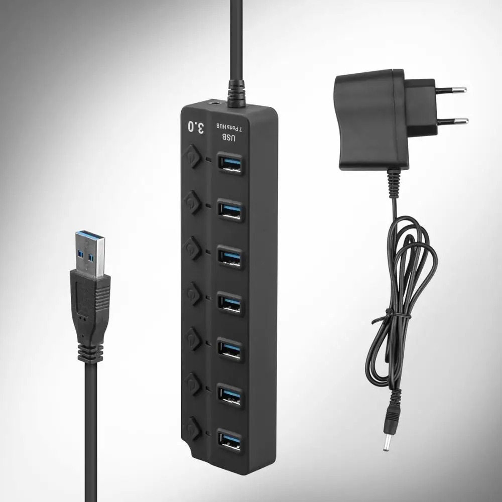 USB 3.0 High Speed Hub 4 / 7 Port USB 3.0 Hub Splitter On/Off Switch with US/EU Power Adapter for MacBook Laptop PC Accessories