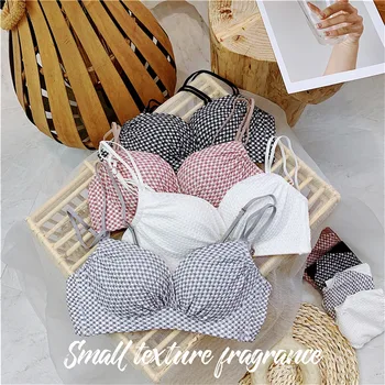 

New Products Retro Japanese-style Knit Plaid Fabric Medium Thick Seemless Small Bust Gathering Non-Steel Ring Three Buckle Bra S