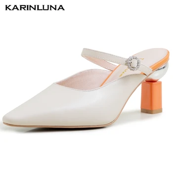 

Karinluna New Arrival Genuine Leather Strange Luxury Design Heels Slipper Mules Women Shoes Sandals Pumps