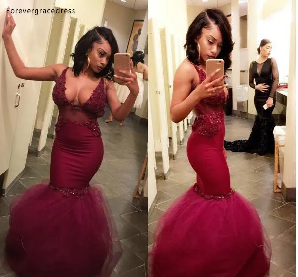 

2019 Cheap Long Red Mermaid Prom Dress V Neck Open Back Applique Formal Holidays Wear Graduation Evening Party Gown Custom Made