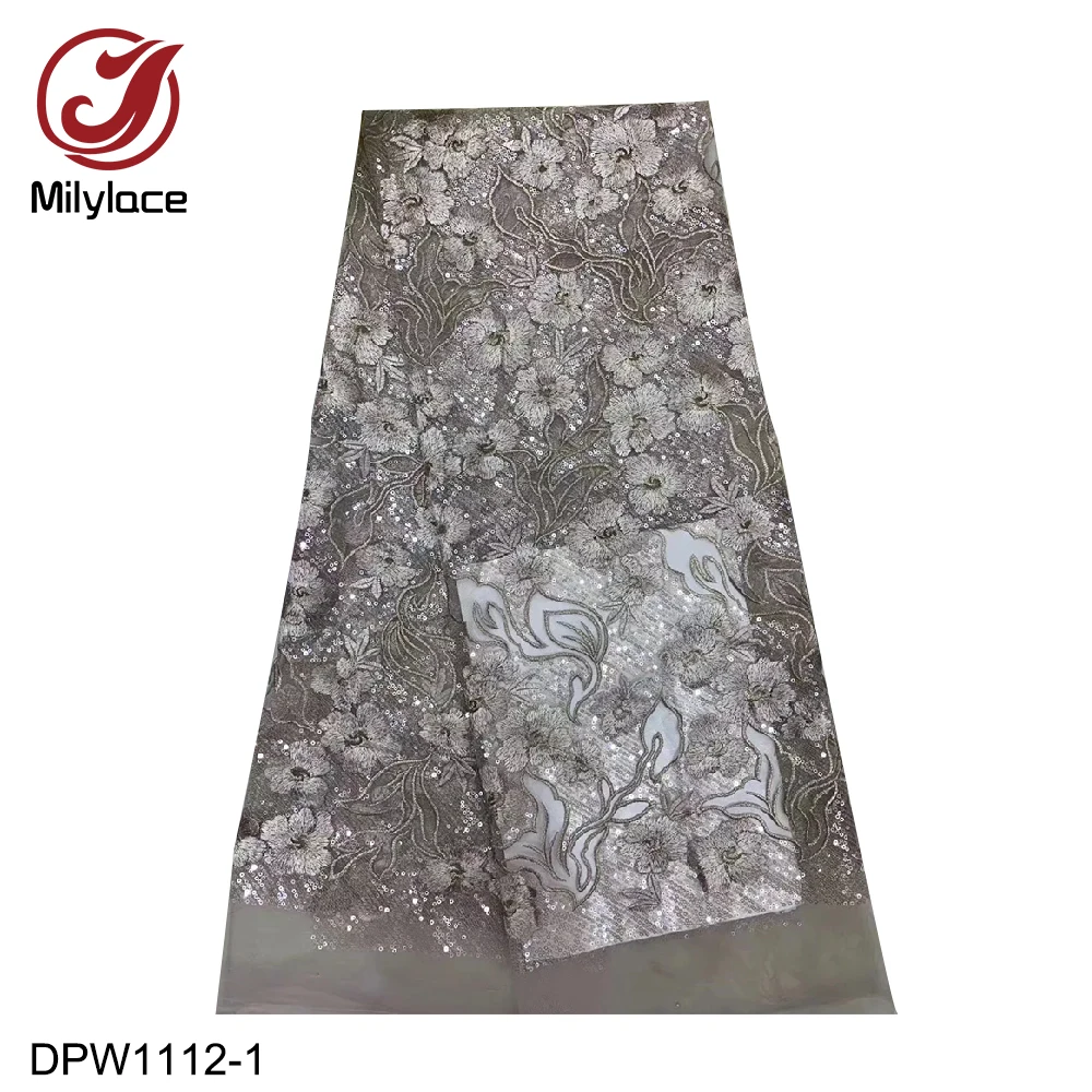 

Delicate French Lace Fabric with Sequins 5 Yards 3D Floral Embroidery Tulle Lace Fabric African Net Lace for Dresses DPW1112