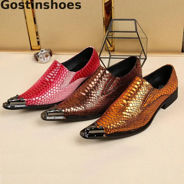 

Snakeskin Printed Men Leather Shoes Brown Red Gold Color Men Casual Shoes Metal Capped Toe Slip-on Leisure Party Wedding Shoes