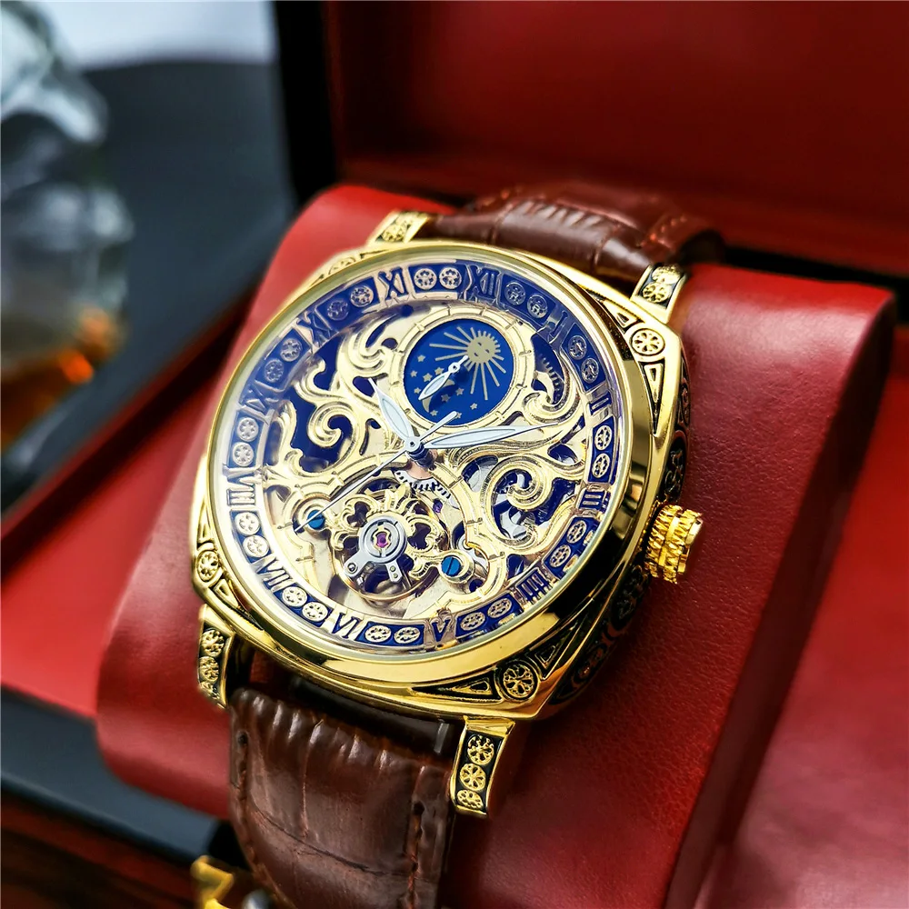 

Automatic Mechanical Watch Men's Hollow Through The Bottom Casual Luminous Moon Phase Leather Waterproof Clock Relogio Masculino