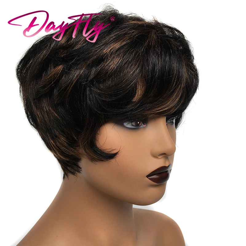 Short Human Hair Pixie Cut Wig Colored Natural Wave Wigs With Bangs Short Ombre Human Hair Wigs For Women Brazilian Hair Wig