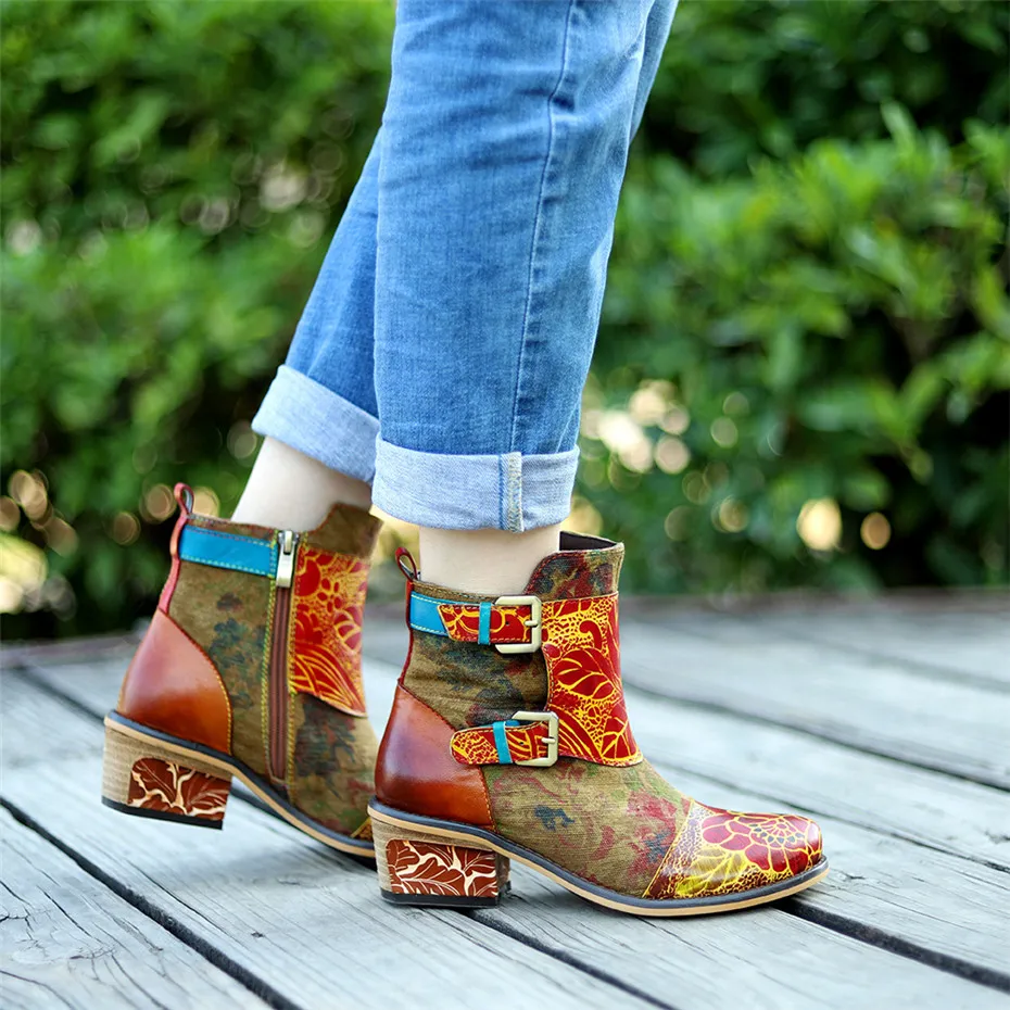 Genuine Leather Ankle Bots For Woman Shoes Vintage Handmade Print High Heels Ladies Shoes Cowboy Western Boots Plus Size 27.5cm  (9)