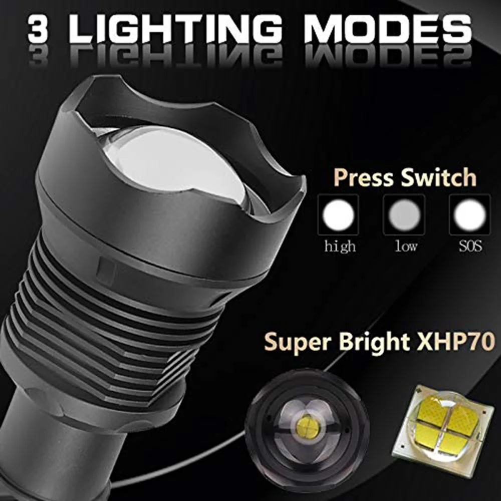 Мощный XHP70.2 светодиодный фонарик XHP50 с подзарядкой от USB, масштабируемый водонепроницаемый фонарь с батареей 18650 26650 для охоты