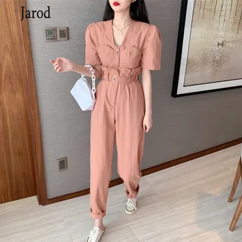 

2020 New Summer Two Piece Set Women Korean Office Chic puff short sleeve Lady Tops +High waist Casual Female Pants