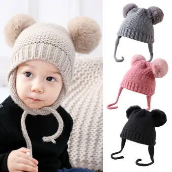 

Baby Boys Knitted Bobble Hat Double Pom Pom Winter Warm Crochet Stretchy Hat Caps
