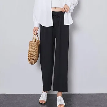 

Z Pants Women's Solid Wide Leg Pants Loose Drawstring Casual Ankle-Length Female Trousers Summer Pleated Pants pantalon femme