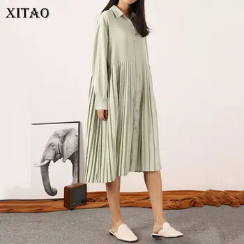 

XITAO Plus Size Women Clothes 2020 Spring Pleated Dresses Loose Plus Size Long Sleeve Solid Color Elegant Women Dress GCC3239