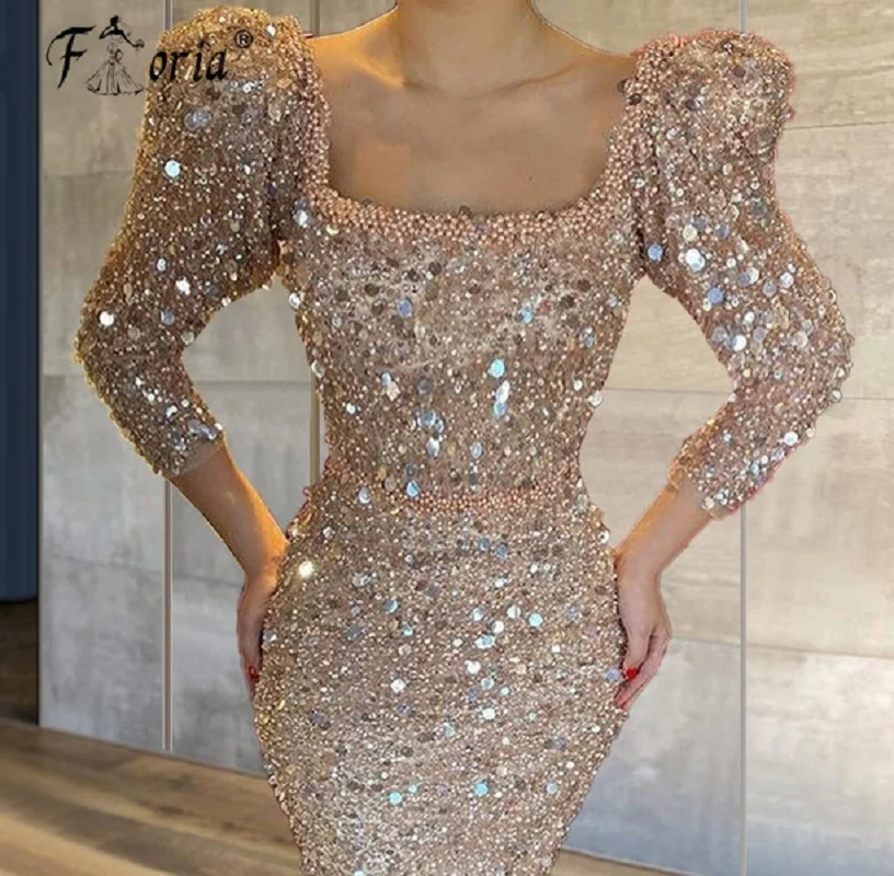 

Glitter Champagne Cocktail Dresses Bling Sequins Mermaid Prom Party Dress For Women Night Beads Evening Gowns Vestidos Formales