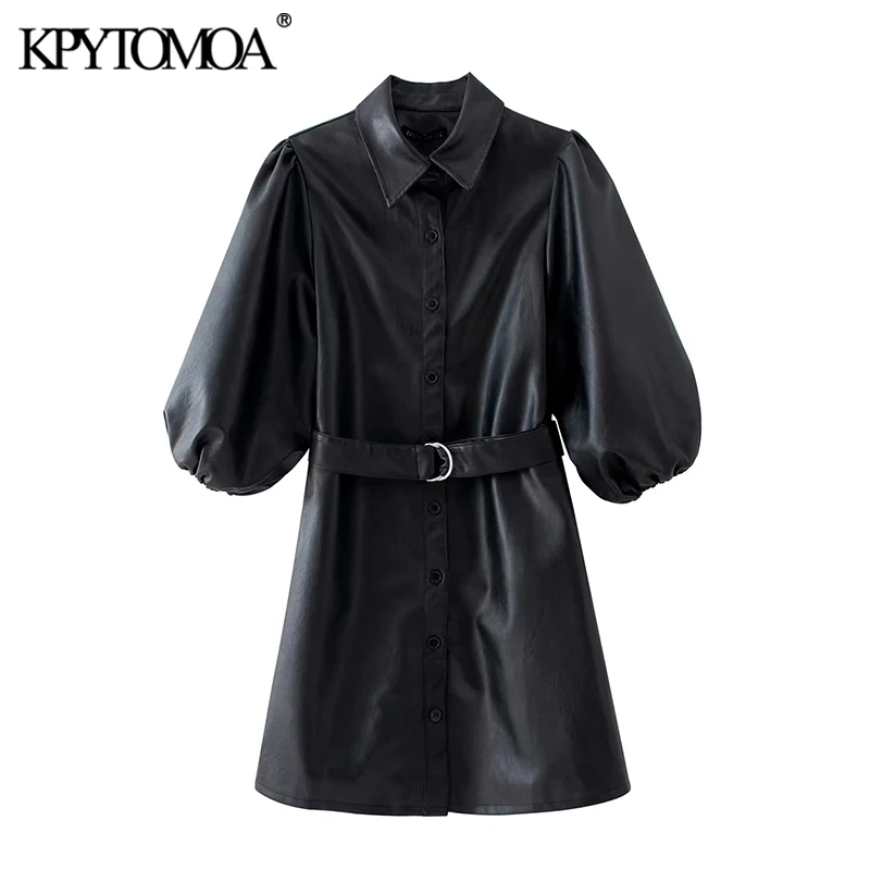 KPYTOMOA женское модное мини платье из искусственной кожи с поясом винтажные женские