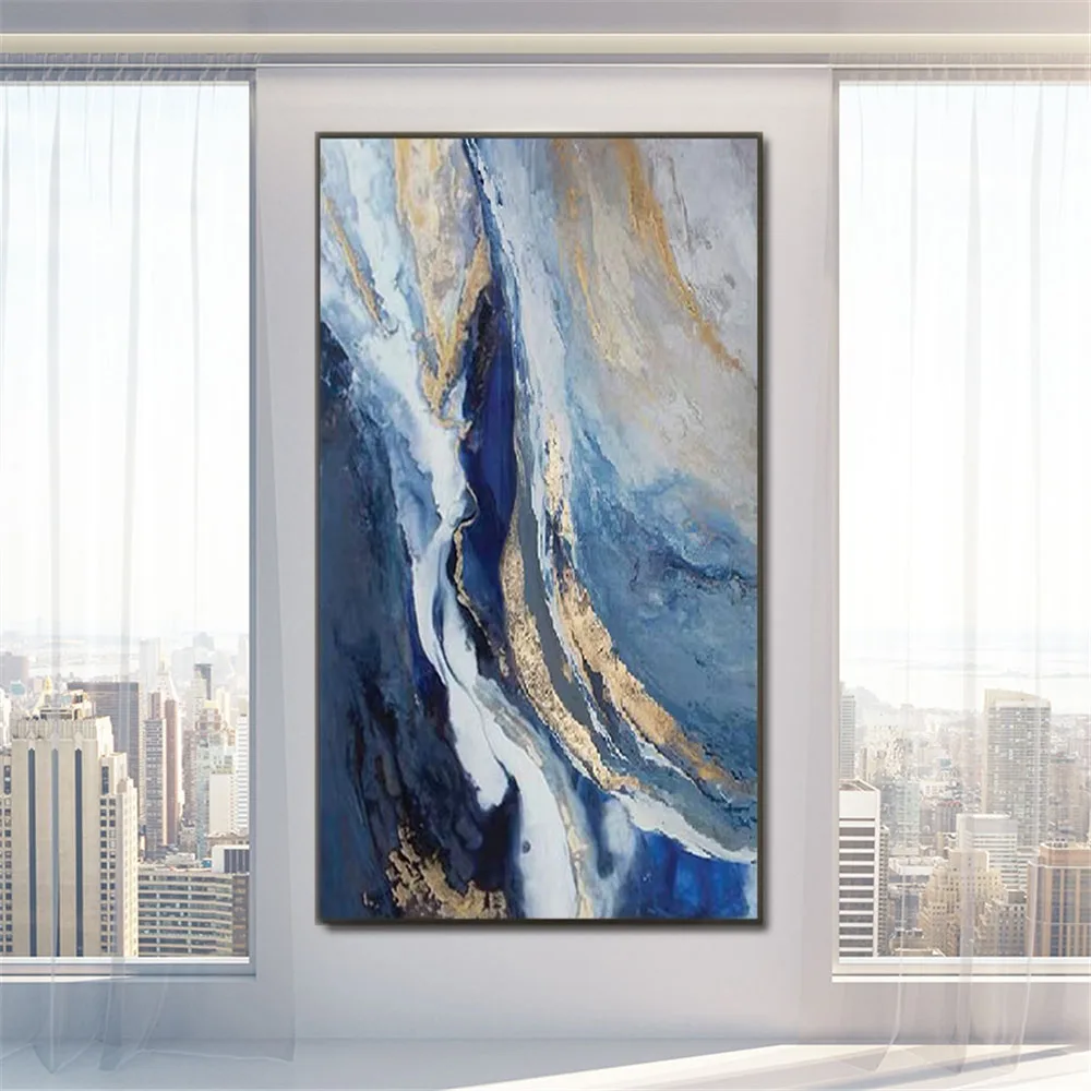 

Wall Art Painting Modern Abstract Blue Marble Texture 100% Handmade Oil On Canvas Paintings Home Living Room Decor Mural Cuadros