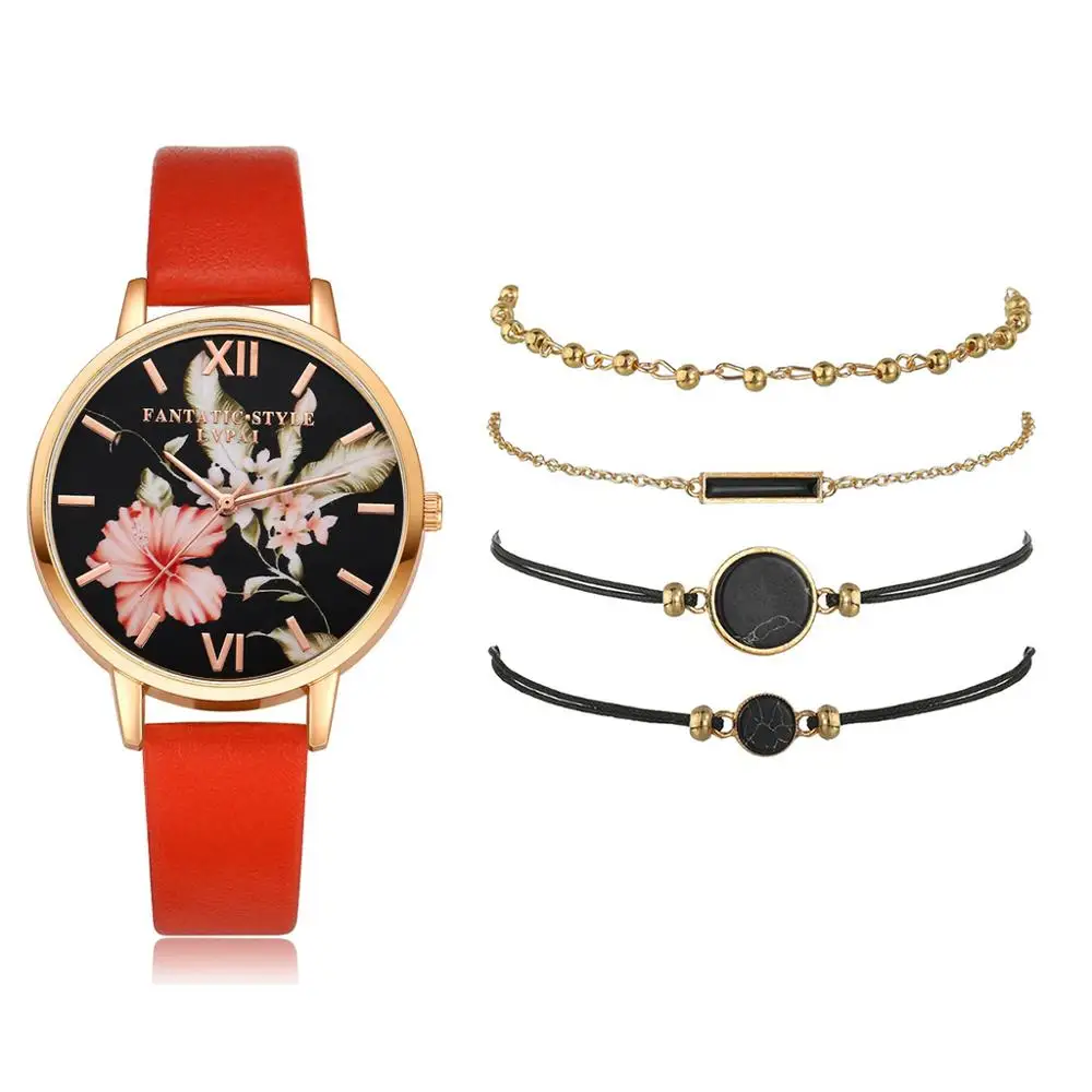 rocawear watch and bracelet set Lvpai 5pcs set Women Watches Bracelet Black Ladies Bracelet Watch Casual Leather Quartz Wristwatch Clock Relogio Feminino michele urban bracelet watch Women's Bracelet Watches