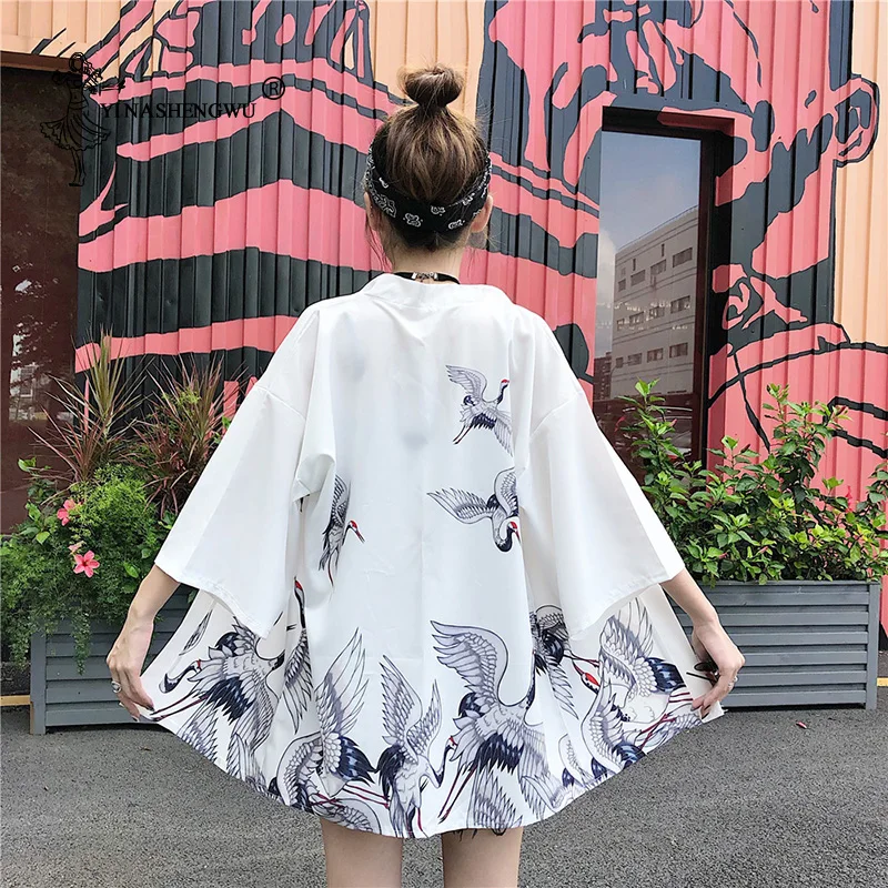 Япония юката женщин харакуджу Винтаж кран печати кимоно солнцезащитный Кардиган Верхняя одежда кимоно Femme выходные блузки кимоно косплей - Цвет: Белый