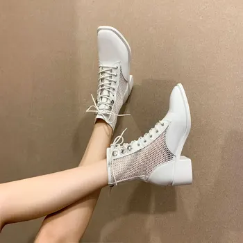 

Med Heel Boots Rock Shoes Woman Rivets Summer Booties Boots-women shoes Zipper Round Toe Sandals Rubber Ankle 2020 Ladies PU