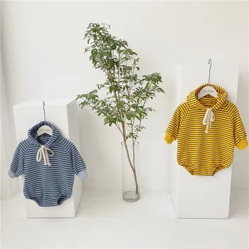 

3174 2020 Spring New Baby Korean Version Striped Long Sleeve Hooded Sweater Romper Boys Cotton Outfits Overalls For Infants