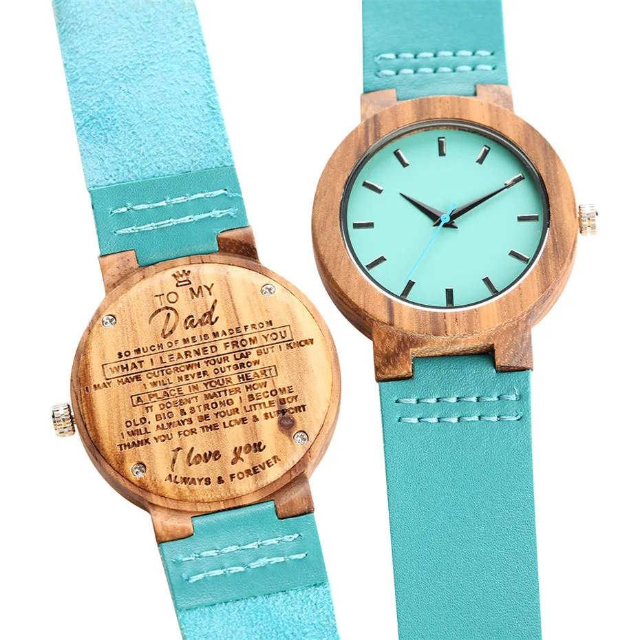 

Engraving To My Dad Message Design Wooden Men Watch Blue Simple Round Dial Genuine Leather Watchband Men's Watches Birthday Gift