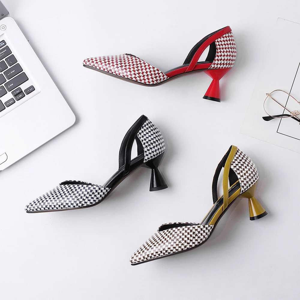 

VAIR MUDO Women Pumps Shoes Ladies Fashion Single Elegant Pointed Toe lattice Genuine Leather Footwear Shoes Women Black RedD85L