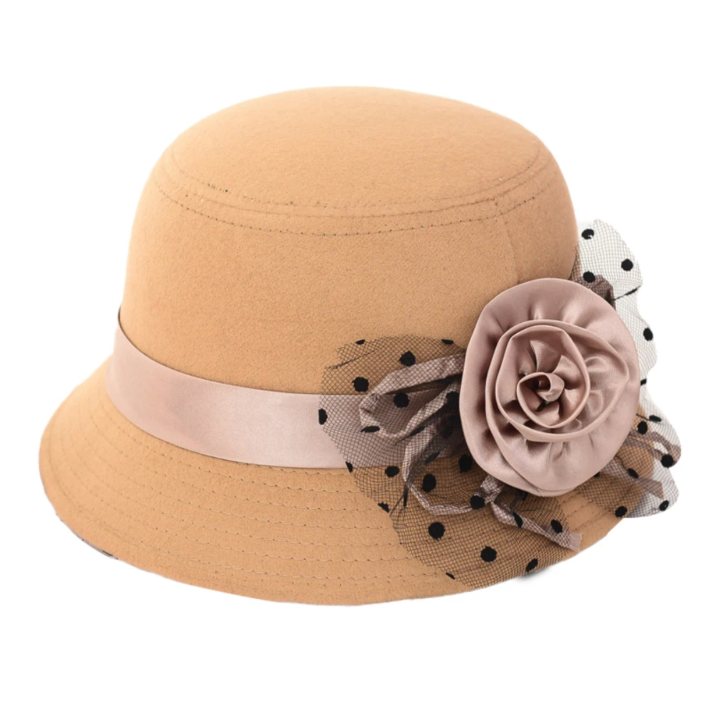 Женская осенне-зимняя британская аристократическая шерстяная винтажная однотонная шерстяная Цветочная декоративная теплая шляпа-котелок с широкими полями