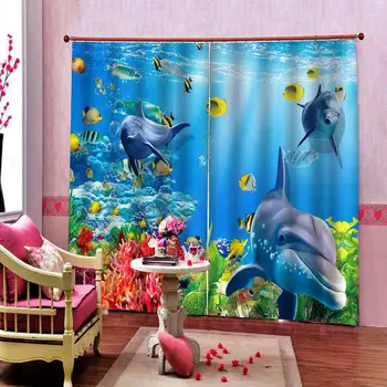 

Window Blackout Luxury 3D Curtains set For Bed room Living room Office Hotel Home Wall Decorative Underwater world dolphin