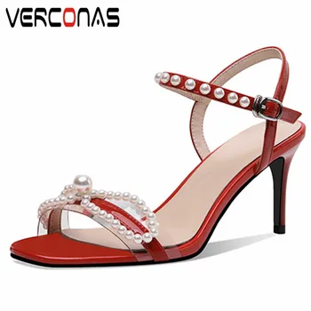 

VERCONAS 2020 Sweet Woman Sandals Women Pumps Genuine Leather Butterfly Knot Pearl Summer Square Toe Thin High Heels Shoes Woman