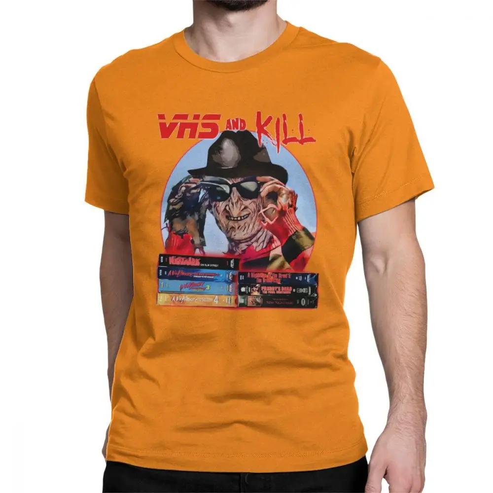 Уникальные VHS и футболки Kill для мужчин из чистого хлопка футболка фильм ужасов Кошмар Хэллоуин страшный короткий рукав футболки подарок на день рождения - Цвет: Оранжевый