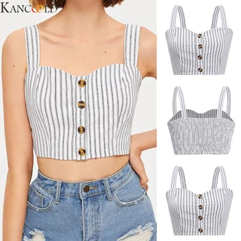 

Women Girl Pure Striped Sling Crop Tops V-neck Bandage Padded Tank Tops Button Push up Padded Vest Ladies Camisole tunique femme