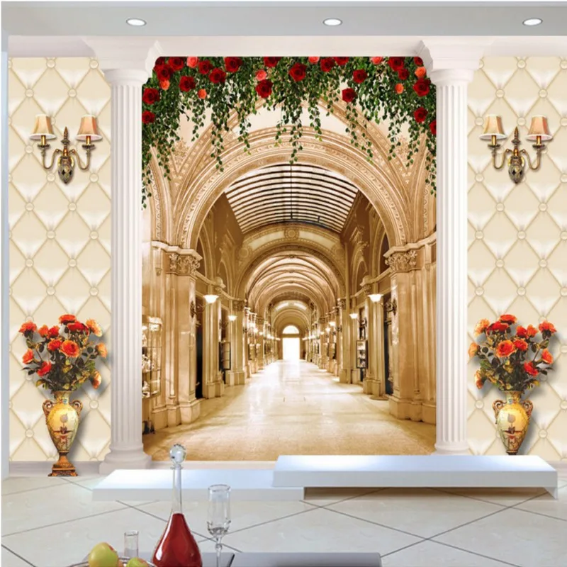 

Drop Shipping Wallpaper 3d European Style Lobby Corridor Soft Bag Column Rose Flower Vase Wallpaper Restaurant Living Room Mural