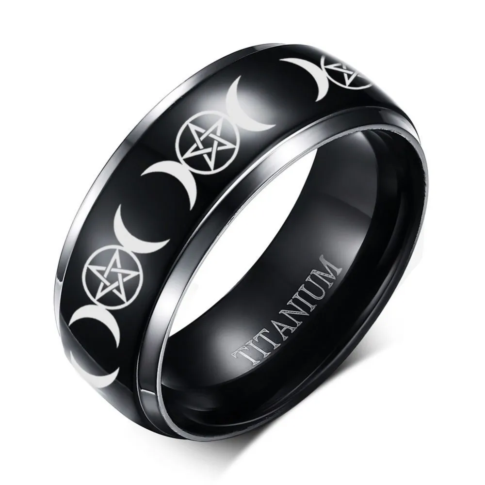 Персонализированные тройной Богини Луны кольцо титана Pagan Wiccan Crescent Witch